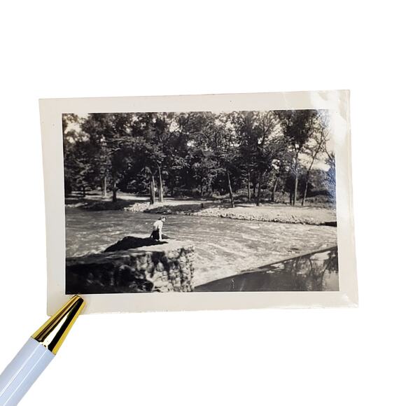 Vtg Lady on Rocks Near River Nature Core Original Monochrome Photography Found - Picture 1 of 4